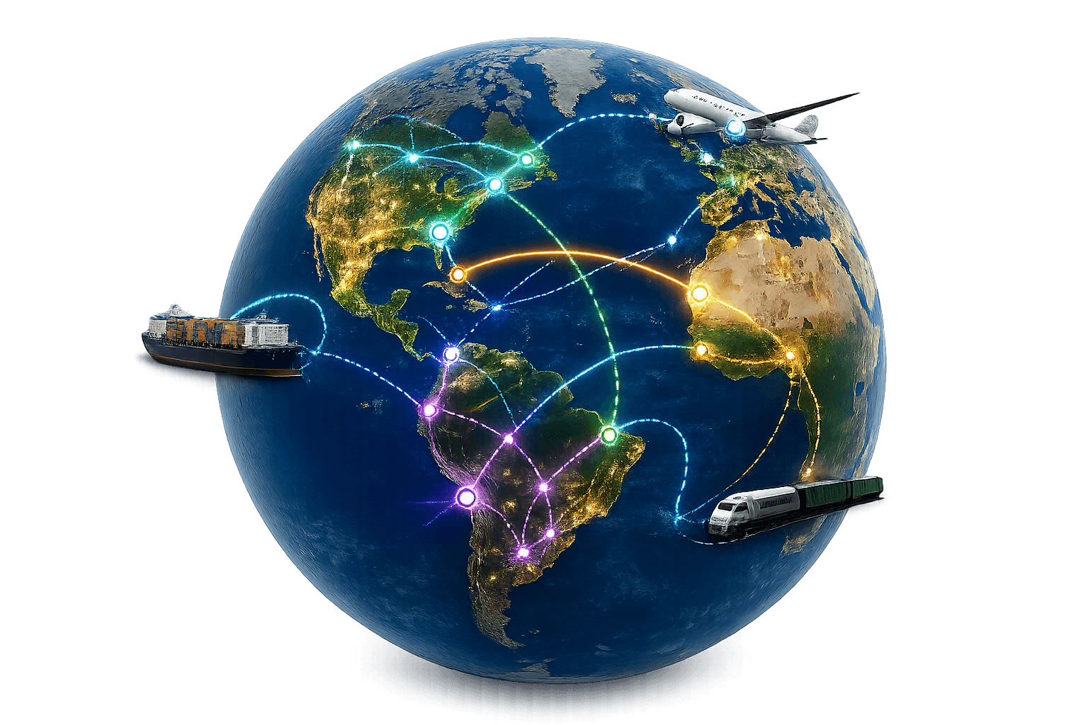 Global logistics network: Earth with multi-mode freight routes, cargo ship, aircraft, and freight train